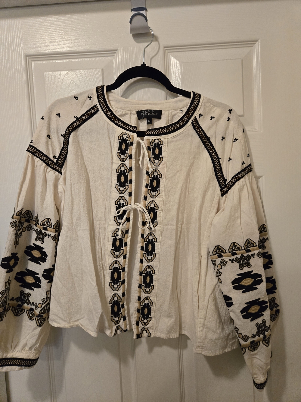 Boho Cream Embroidered Tie-Front Blouse